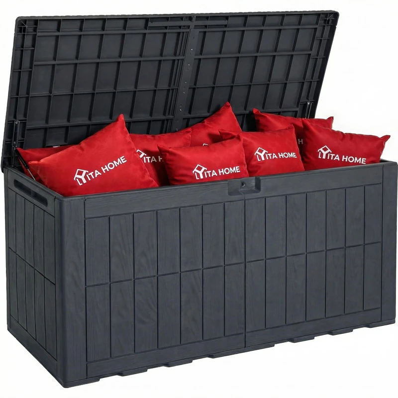 YITAHOME 450L Large Outdoor Garden Storage Box, Waterproof Resin Deck Box with Lock & Hydraulic Piston, 2-Person Bench Seat for Patio Cushions & Garden Tools, UV-Resistant & Weatherproof, Dark Gray - Image 1