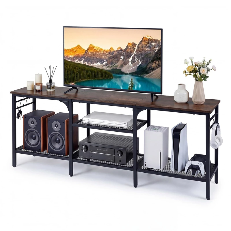 CASART TV Stand for 65 Inch TVs, 3-Tier Metal Frame Entertainment Center with 4 Open Storage Shelves & Hooks, Industrial Console Table Media Stand for Living Room Bedroom
