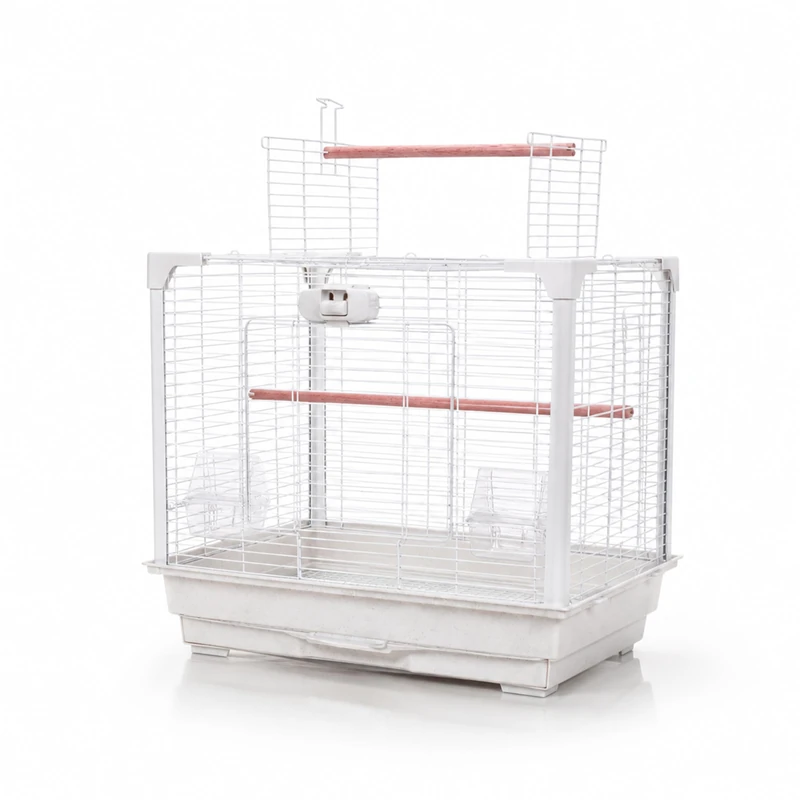 Little Friends Veranda Bird Cage for Budgies, Canaries & Finches - White Top-Opening Cage with Wooden Play Perch & Front Door, 51.5 x 41 x 65 cm