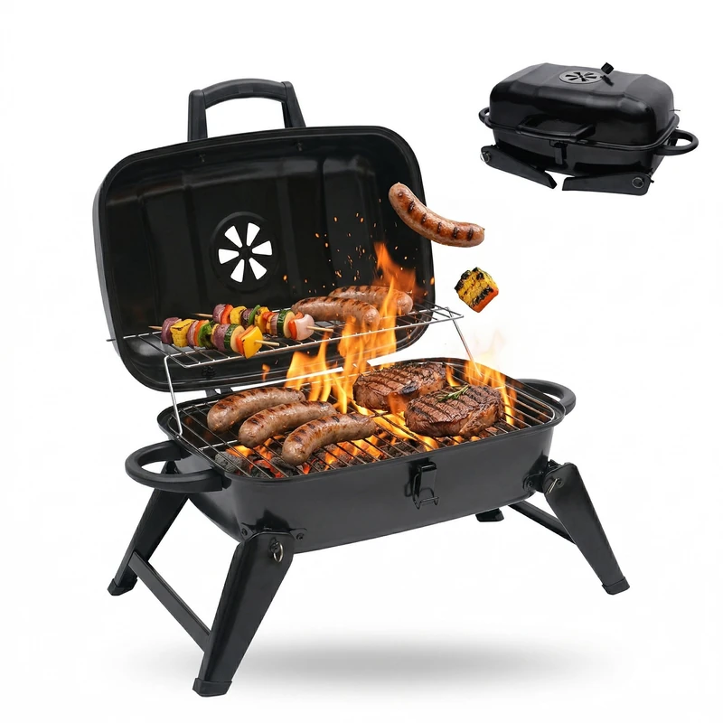 Relaxdays Tabletop Charcoal Grill, portable folding, H x W x D: 34 x 59 x 36 cm, warming rack, vents, steel, black - Image 1