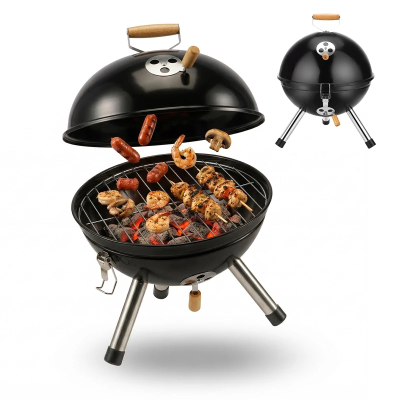 Relaxdays Mini Charcoal Kettle Grill, HxWxD: 41x30.5x32cm, steel, grate Ø28.5cm, portable tabletop, black