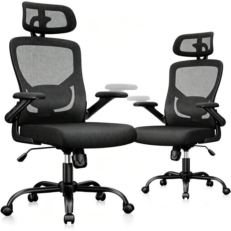 Marsail Ergonomic Mesh Office Chair High Back Desk Chair Adjustable Lumbar Support with Headrest Flip-Up Liftable Arms Swivel Computer Task Chair,2PCS