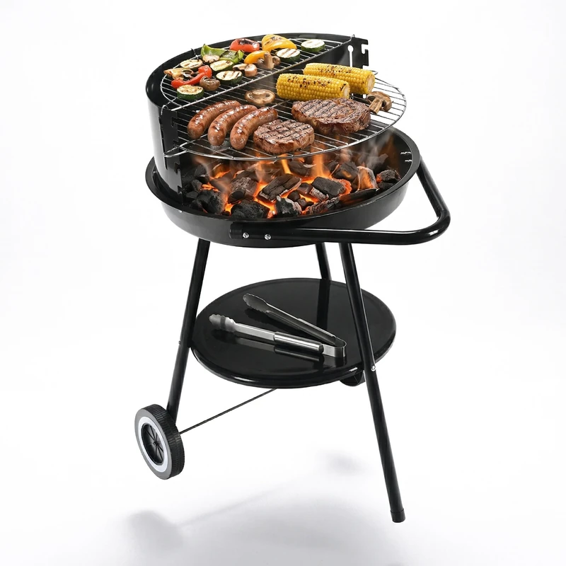 Relaxdays charcoal barbecue on castors, Ø 47 cm, Garden & Park, wind guard, shelf, warming rack, black - Image 1