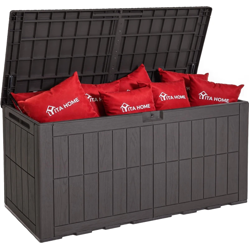 YITAHOME 450L Large Outdoor Garden Storage Box, Waterproof Resin Deck Box with Lock & Hydraulic Piston, 2-Person Bench Seat for Patio Cushions & Garden Tools, UV-Resistant & Weatherproof, Dark Brown - Image 1