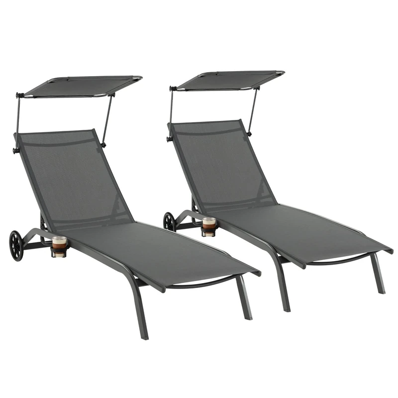 FANTASK Set of 2 Sun Loungers with Wheels, Roof & Drink Holder, Deck Chair with Adjustable, Weatherproof & Robust, Patio Lounger, Deck Chair, Wheeled Lounger for Garden, Patio, Pool