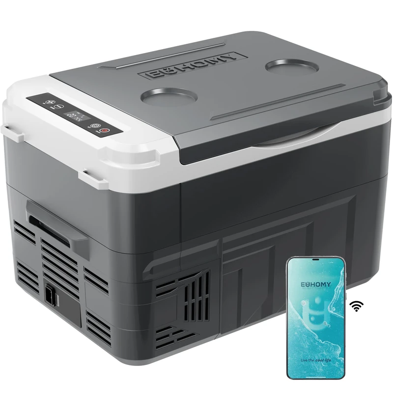 EUHOMY 15L Portable Car Fridge Freezer (-20℃~20℃)-12/24V DC & 110-240V AC Compressor Cooler with APP Control,15-Min Fast Cooling,ECO/MAX Modes, Low Noise <45dB,Battery Protection for Camping,RV,Travel