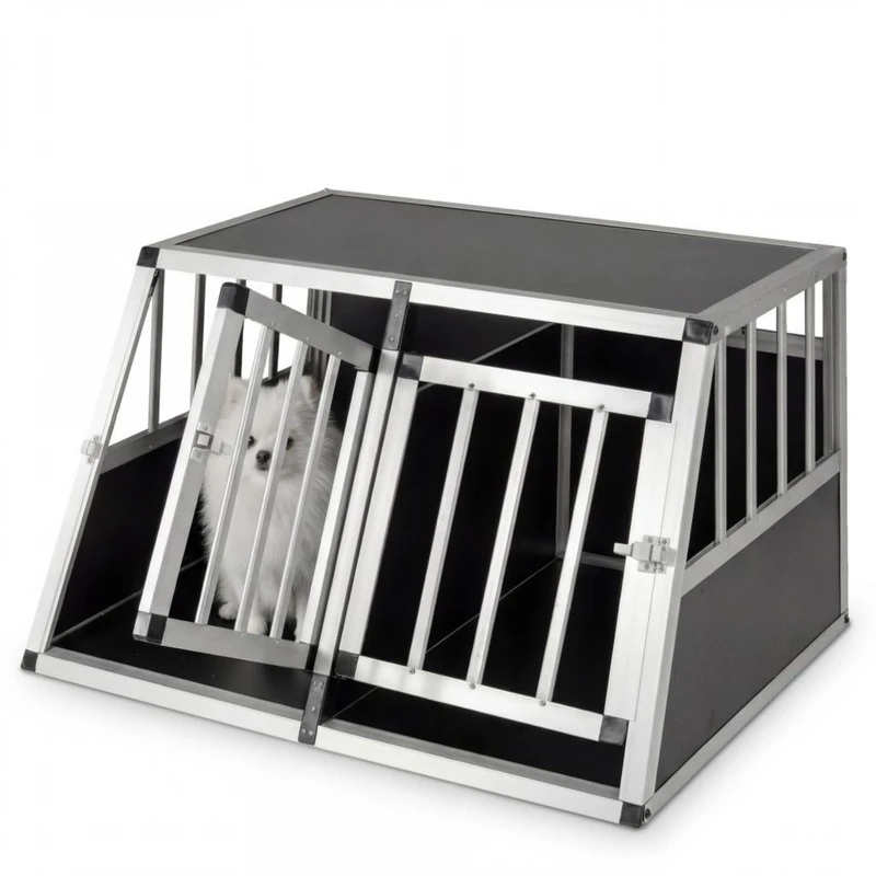GYMAX Travel Dog Crate, Aluminum Dog Transport Box with Lockable Door & Trapezoidal Design, Chew-proof Puppy Cage for Camping Truck (89 x 69 x 50.5cm,with Removable Divider)