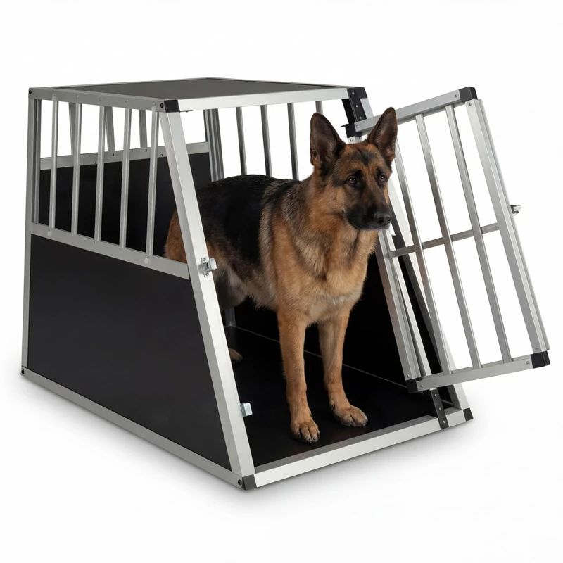 GYMAX Travel Dog Crate, Aluminum Dog Transport Box with Lockable Door & Trapezoidal Design, Chew-proof Puppy Cage for Camping Truck (91 x 65 x 69.5 cm,without Removable Divider)