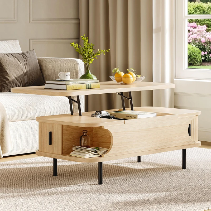 IRONCK Coffee Table with Storage, Lift Top Coffee Tables for living room with Sliding Door, Open Shelf, Hidden Compartment, Wooden Tea Table for Small Space Home Office Bedroom 101x51x52cm Light Oak