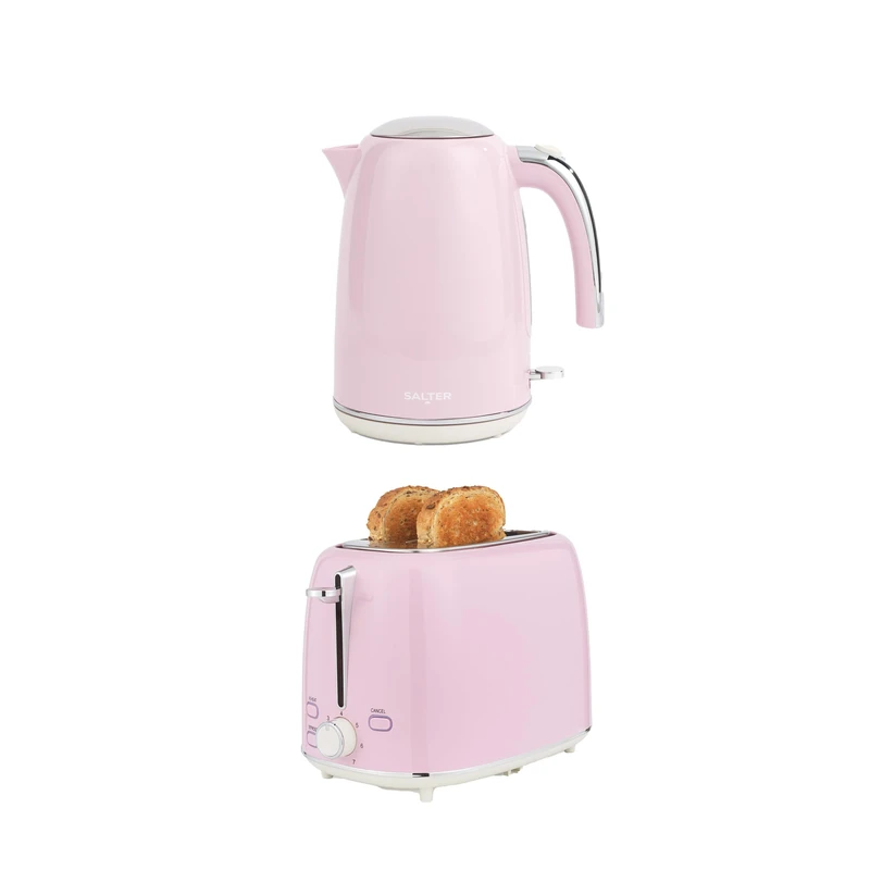 Salter Retro Kettle & 2-Slice Toaster Set - Wide Slots, 3KW Rapid Boil, 6 Browning Levels, 360° Base, Removable Limescale Filter, Defrost, Reheat & Cancel, High-Lift Eject, Removable Crumb Tray, Pink