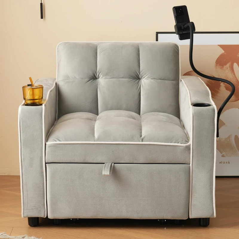 Ball & Cast 3-in-1 Expandable Single Sofa Bed, Multifunctional Chair Bed with Built-in Drink Holders and Phone Holder, Comfortable Recliner Armchair, Space-Saving Design, Velvet, Grey, 83x167x76cm - Image 1