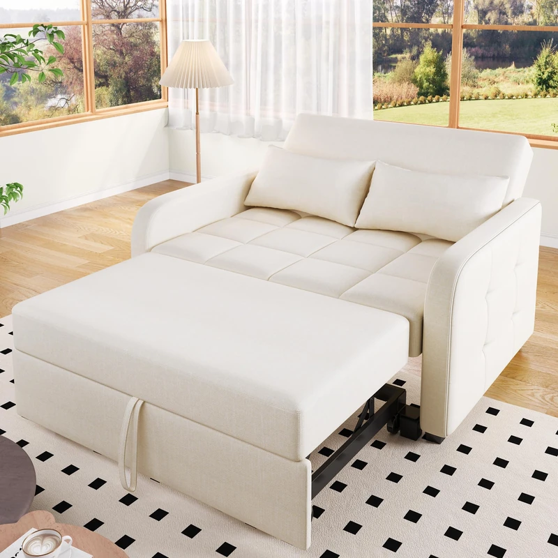 Ball & Cast 2 Seater Sofa Bed, Double Sofa Bed 180 x 127 cm, Foldable Convertible Sofa Bed with Adjustable Backrest, Linen Bed Settee for Living Room Guest Room, Off White