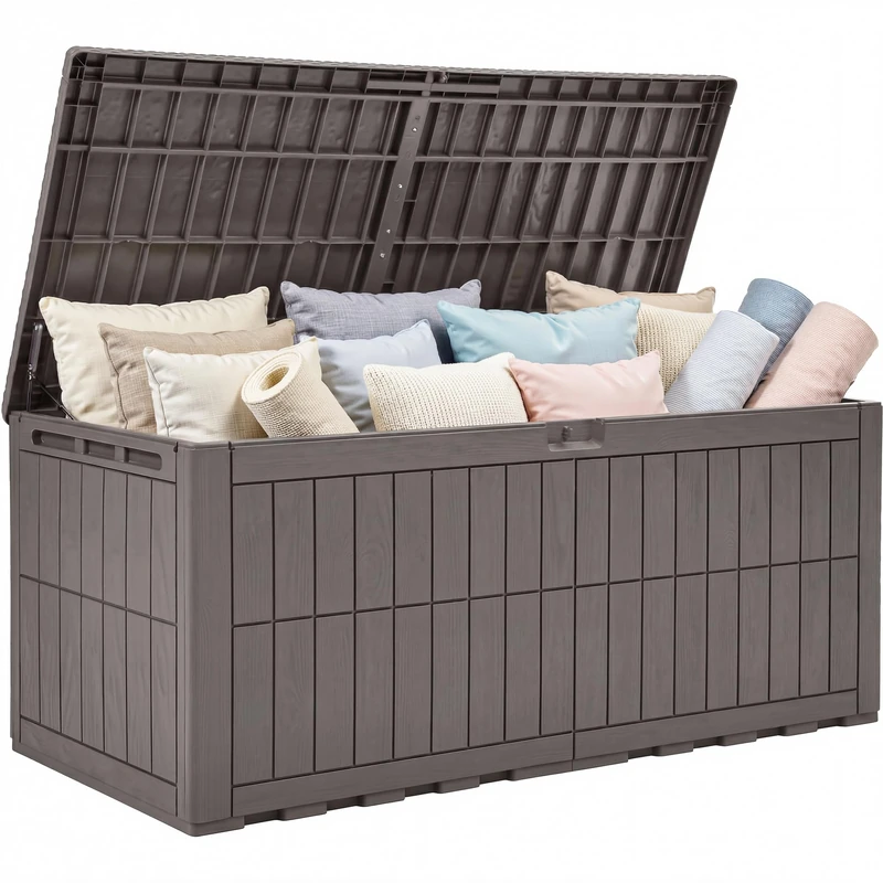 YITAHOME 833L Large Outdoor Garden Storage Box, Waterproof Resin Deck Box with Lock & Hydraulic Piston, 3-Person Bench Seat for Patio Cushions & Garden Tools, UV-Resistant & Weatherproof, Light Brown - Image 1