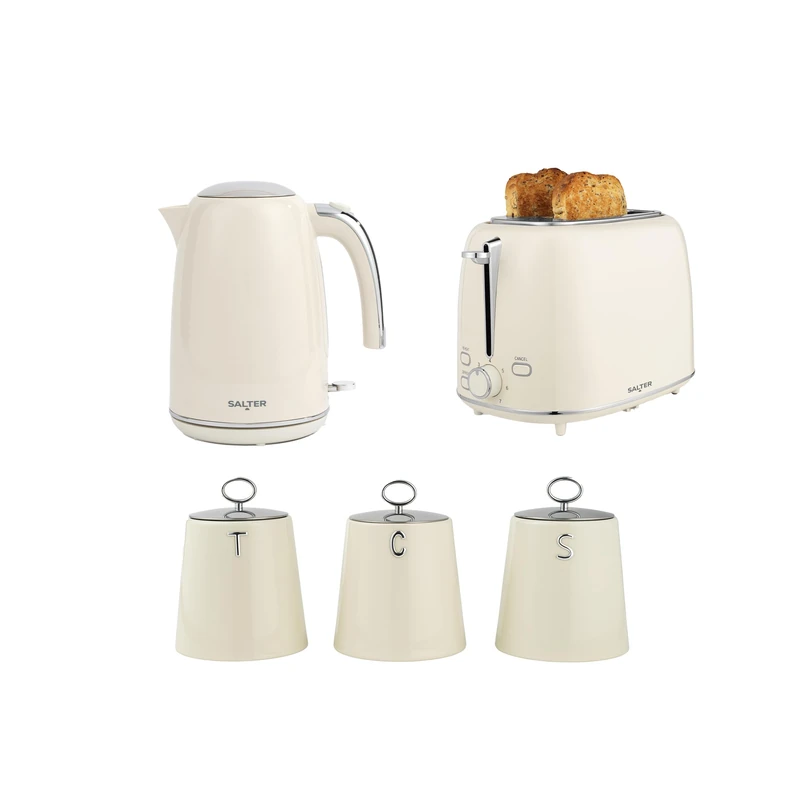 Salter Retro Kettle, Toaster & Canister Set – 1.7L Fast Boil 3 kW Kettle, 2-Slice Toaster with 6 Browning Levels, Tea, Coffee & Sugar Canisters with Embossed Lettering, Countertop Set, Cream - Image 1