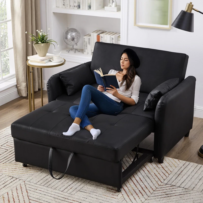 Ball & Cast 2-Seater Pull Out Sofa Bed with 3-Level Adjustable Backrest, Convertible Sofa with Sleeping Function, Double Sleeper Sofa for Living Room, Guest Room, Compact Space, PU Leather, Black