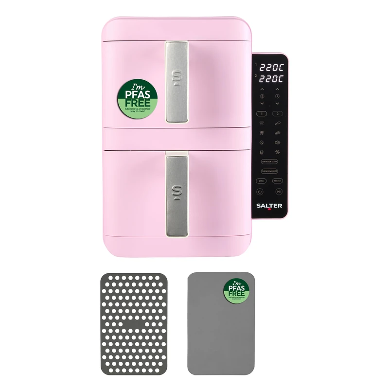 Salter VertiCook Pink Dual Air Fryer & Silicone Liner Set – 9L Vertical Air Fryer with 2 x 4.5L Baskets, 4 Reusable PFAS-Free Air Fryer Liners