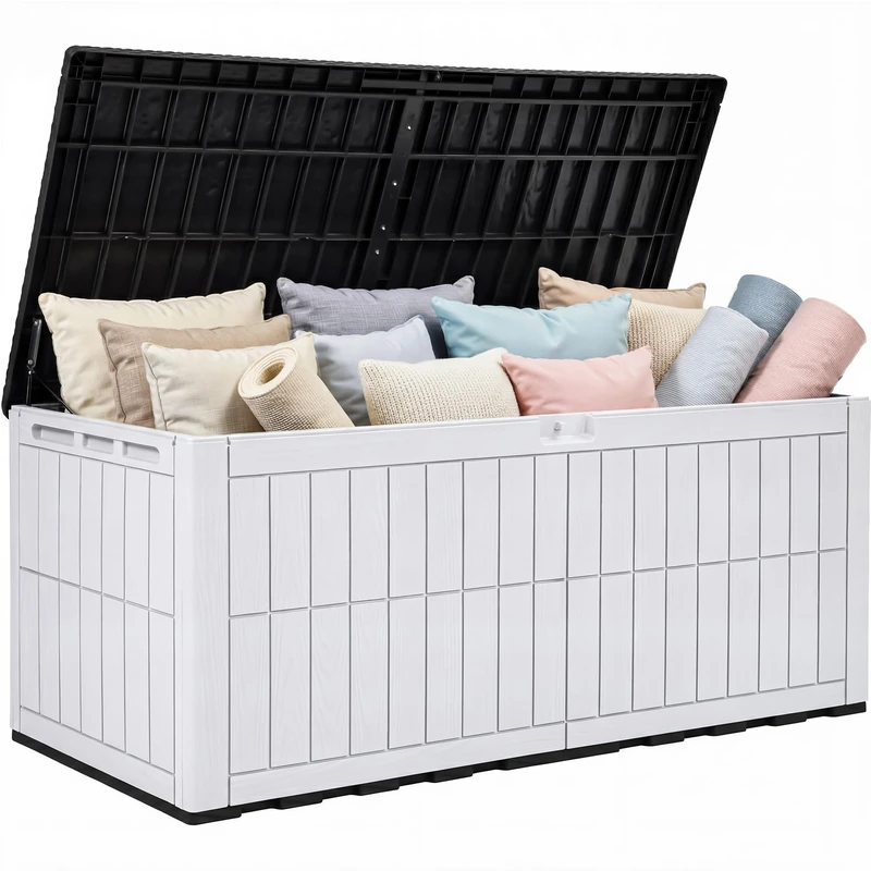 YITAHOME 833L Large Outdoor Garden Storage Box, Waterproof Resin Deck Box with Lock & Hydraulic Piston, 3-Person Bench Seat for Patio Cushions & Garden Tools, UV-Resistant & Weatherproof, Black-White - Image 1