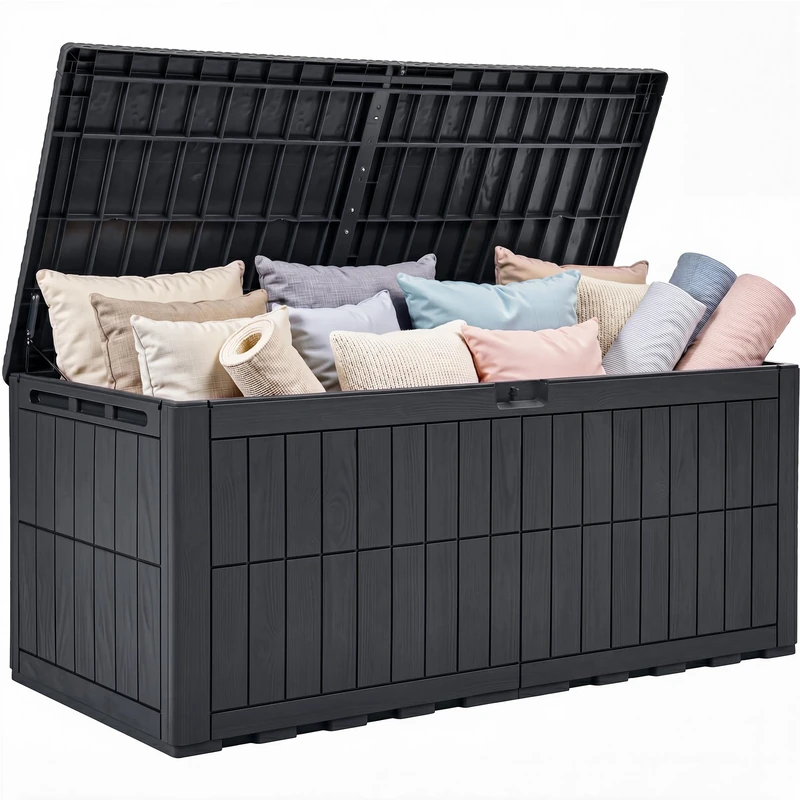 YITAHOME 833L Large Outdoor Garden Storage Box, Waterproof Resin Deck Box with Lock & Hydraulic Piston, 3-Person Bench Seat for Patio Cushions & Garden Tools, UV-Resistant & Weatherproof, Dark Gray - Image 1