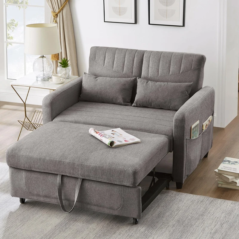 Ball & Cast Double Sofa Bed, 2 Seater Sofa Bed Double with Adjustable Backrest & Side Pockets, Pull Out Convertible Sofa Bed 112x169cm, Linen Foam Guest Bed for Living Room Small Spaces, Dark Gray
