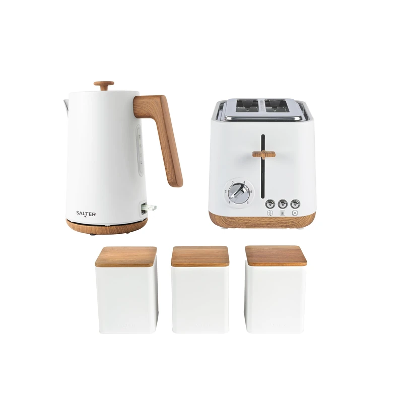 Salter Toronto Kettle, Toaster & Canister Set – 1.7L Fast Boil 3 kW Kettle, 2-Slice Toaster with 6 Browning Levels, Tea, Coffee & Sugar Canisters with Acacia Wood Lids, Countertop Set, White - Image 1