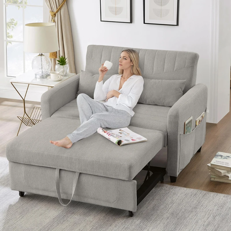 Ball & Cast Double Sofa Bed, 2 Seater Sofa Bed Double with Adjustable Backrest & Side Pockets, Pull Out Convertible Sofa Bed 112x169cm, Linen Foam Guest Bed for Living Room Small Spaces, Light Gray