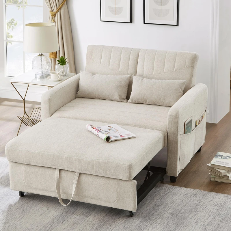 Ball & Cast Double Sofa Bed, 2 Seater Sofa Bed Double with Adjustable Backrest & Side Pockets, Pull Out Convertible Sofa Bed 112x169cm, Linen Foam Guest Bed for Living Room Small Spaces, Beige