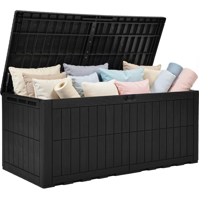 YITAHOME 833L Large Outdoor Garden Storage Box, Waterproof Resin Deck Box with Lock & Hydraulic Piston, 3-Person Bench Seat for Patio Cushions & Garden Tools, UV-Resistant & Weatherproof, Black - Image 1