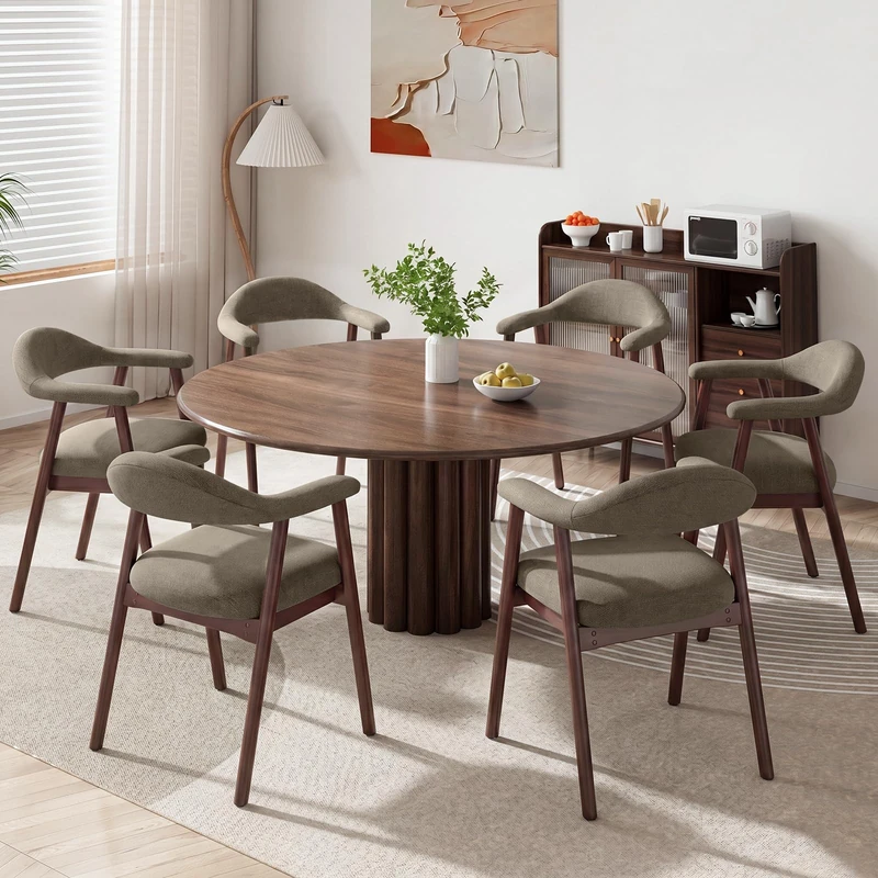 MALOL Wooden Dining Chairs Set of 6, Fabric Chairs for Dining Room with Armrest, Upholstered Kitchen Chairs with Curved Back and Wood Legs for Dining Room, Kitchen, Living Room, Camel