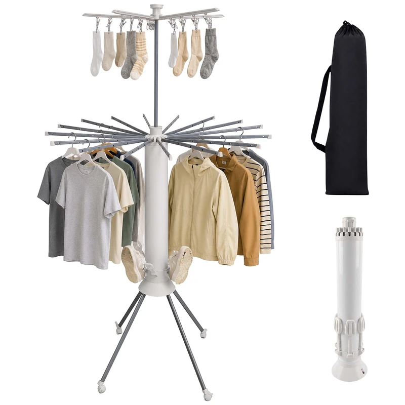 Relaxdays folding rotary clothes airer with bag, white/grey