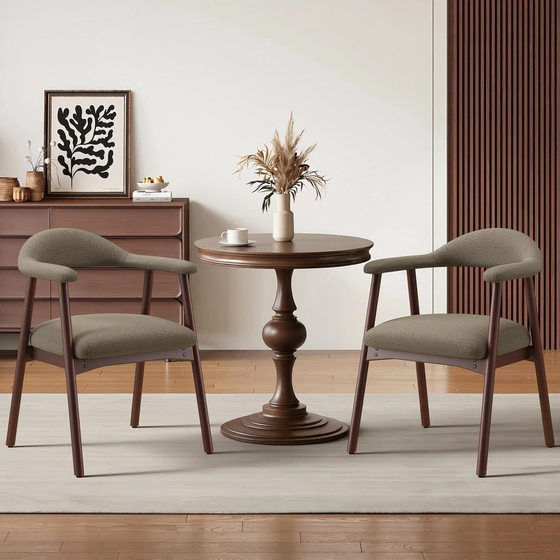 MALOL Wooden Dining Chairs Set of 2, Fabric Chairs for Dining Room with Armrest, Upholstered Kitchen Chairs with Curved Back and Wood Legs for Dining Room, Kitchen, Living Room, Camel