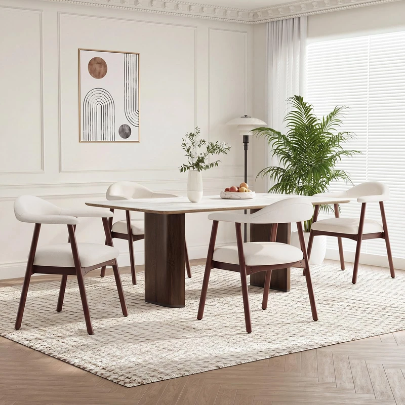 MALOL Wooden Dining Chairs Set of 4, Fabric Chairs for Dining Room with Armrest, Upholstered Kitchen Chairs with Curved Back and Wood Legs for Dining Room, Kitchen, Living Room, Beige - Image 1