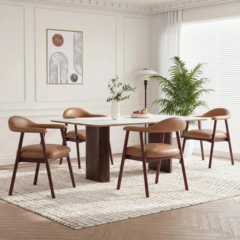 MALOL Wooden Dining Chairs Set of 4, PU Leather Chairs for Dining Room with Armrest, Upholstered Kitchen Chairs with Curved Back and Wood Legs for Dining Room, Kitchen, Living Room, Brown - Image 1