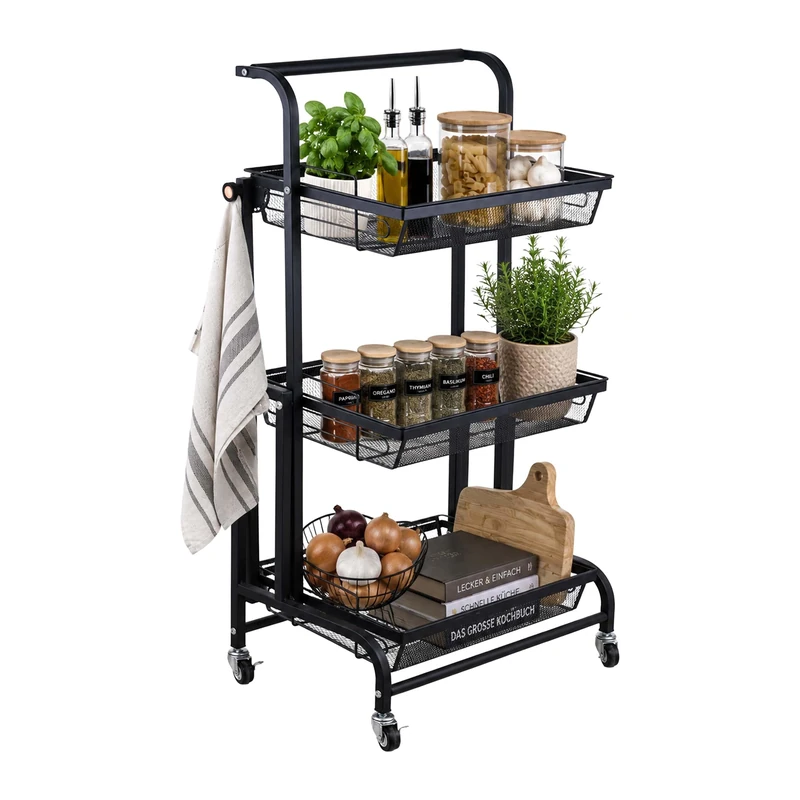 Relaxdays Kitchen Trolley, 3 basket shelves, adjustable, HxWxD: 94.5 x 44 x 30 cm, metal, side trolley, black - Image 1