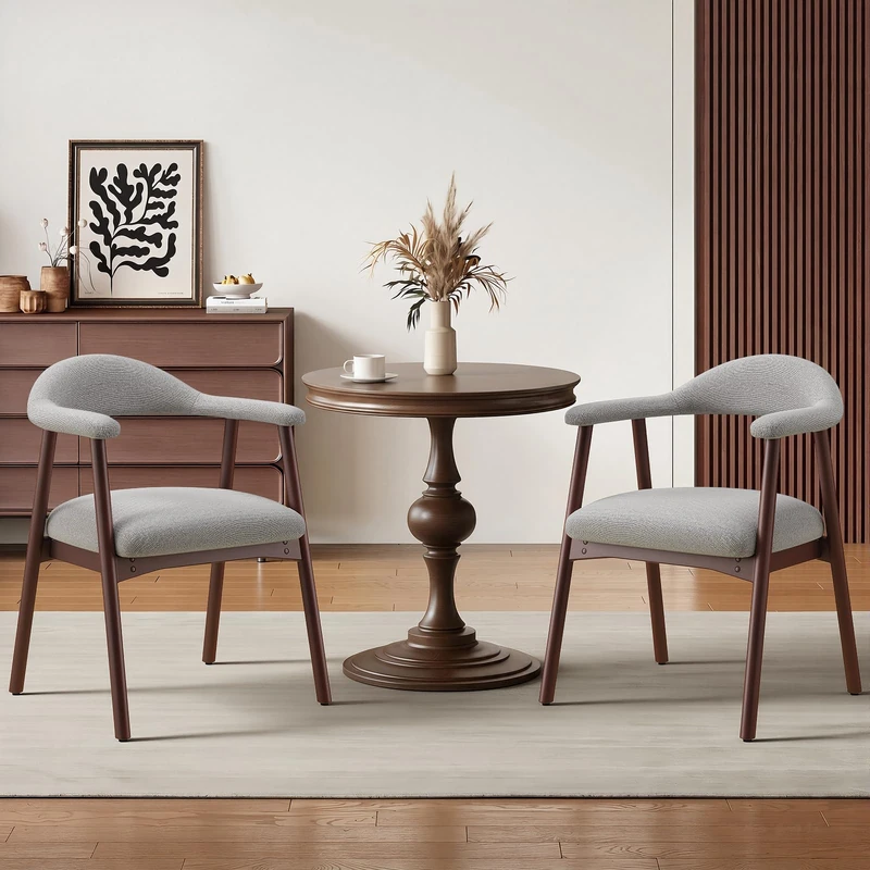 MALOL Wooden Dining Chairs Set of 2, Fabric Chairs for Dining Room with Armrest, Upholstered Kitchen Chairs with Curved Back and Wood Legs for Dining Room, Kitchen, Living Room, Grey