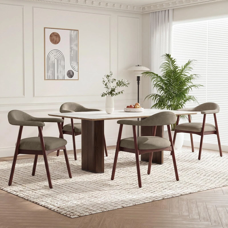 MALOL Wooden Dining Chairs Set of 4, Fabric Chairs for Dining Room with Armrest, Upholstered Kitchen Chairs with Curved Back and Wood Legs for Dining Room, Kitchen, Living Room, Camel