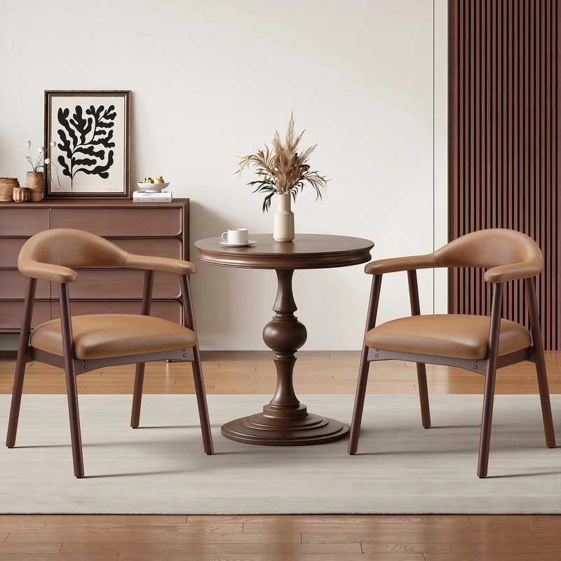 MALOL Wooden Dining Chairs Set of 2, PU Leather Chairs for Dining Room with Armrest, Upholstered Kitchen Chairs with Curved Back and Wood Legs for Dining Room, Kitchen, Living Room, Brown