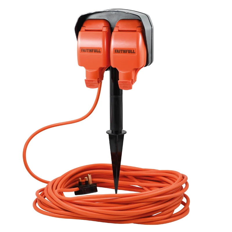 Faithfull Outdoor Ground Spike Socket 15m – IP54 Rated 2-Way Extension Lead with A05VV-F 3x1.25mm² Cable, UK Plug for Garden, Landscaping & Temporary Outdoor Power – 13A - Image 1