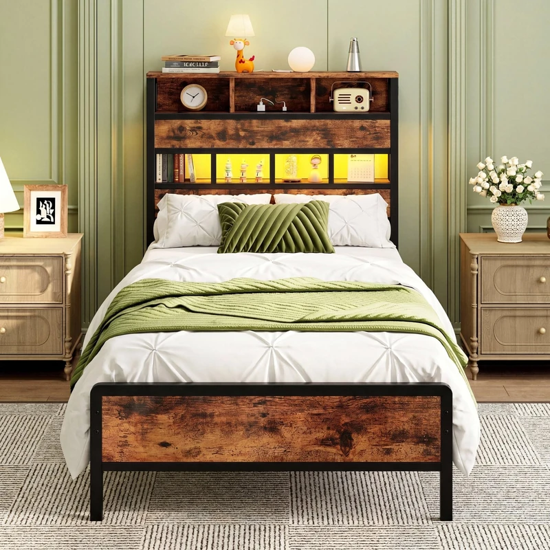 IRONCK Single Bed Frame with LED Lights, 3ft Metal Bed with Storage Headboard, Single Bed with Charging Station (2AC/USB/USB-C), 3-Tier Storage Shelves and Underbed Space, Bedroom Home, 90 x 190 cm - Image 1