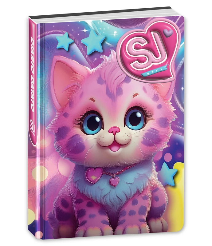 SJ GANG STYLE JAM GANG 10-Month School Diary for Girls, 14 x 20.5 cm, Pink Kitten Padded Cover, Integrated Bookmark and Stickers Included