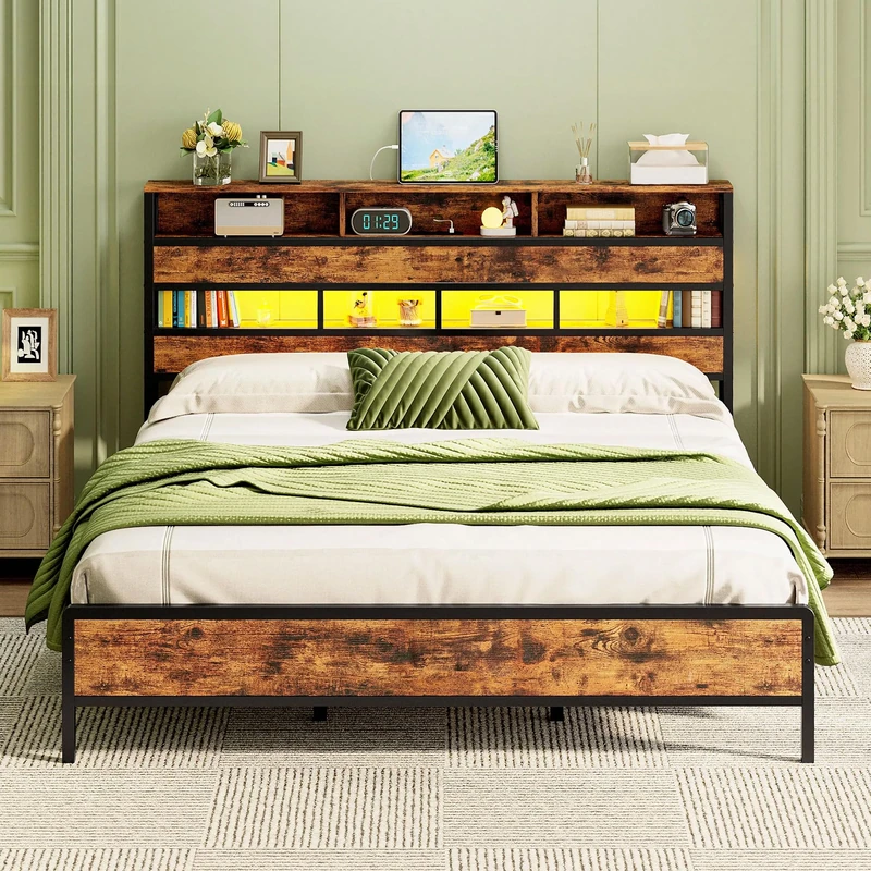 IRONCK Super King Bed Frame with LED Lights, 6ft Metal Bed with Storage Headboard, Super King Bed with Charging Station (2AC/USB/USB-C), 3-Tier Storage Shelves and Underbed Space, Home, 180x200cm