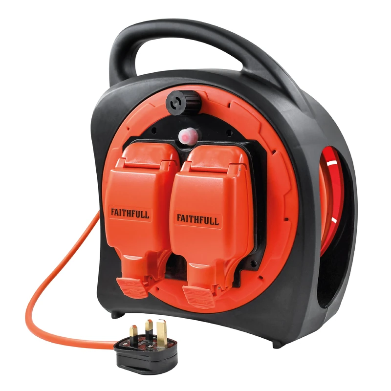 Faithfull Outdoor Cable Reel 18m – IP54 Rated 2-Way Extension Lead with A05VV-F 3x1.25mm² Cable, UK Plug, Thermal Cut-Out Protection for Outdoor, Workshop & Site Power – 13A - Image 1