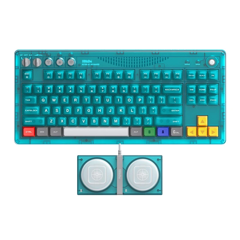 8BitDo Retro 87 Mechanical Keyboard, Hot Swappable Wireless Gaming Keyboard with RGB Backlight, Bluetooth/2.4G/USB-C, Linear Switches, Dual Super Buttons - Clear Blue - QWERTY ANSI US Layout