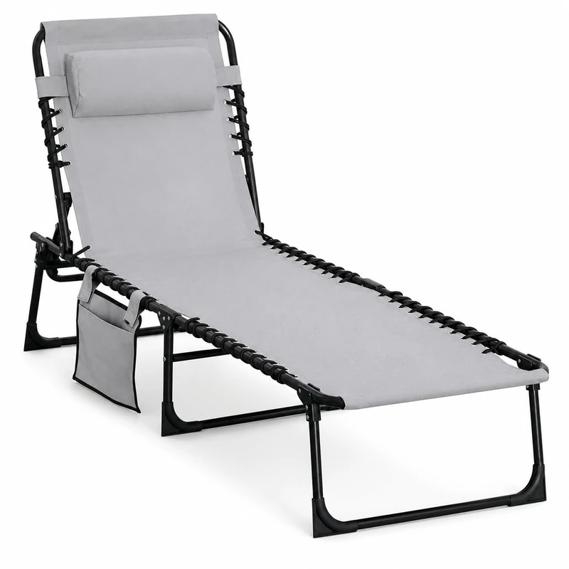 Folding Sun Lounger Outdoor Sunbed Portable, 5-Position Adjustable Backrest with Pillow, Side Pocket Garden Recliner Chair, 600 D Oxford Fabric Seat for Deck, Patio, Poolside, Beach, Camping Grey