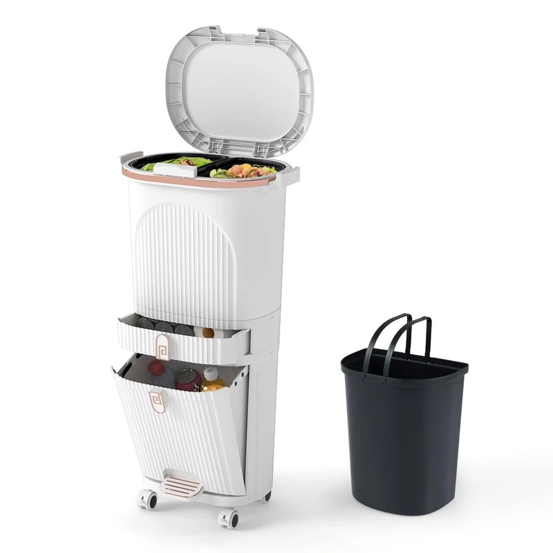 GiantexUK 42L Recycling Bin with Lid, 3-Tier Sorting Trash Bin with 2 Removable Buckets, Drawer, Step Pedal & Wheels, Vertical Garbage Bin Waste Container for Living Room Kitchen Bathroom (White)