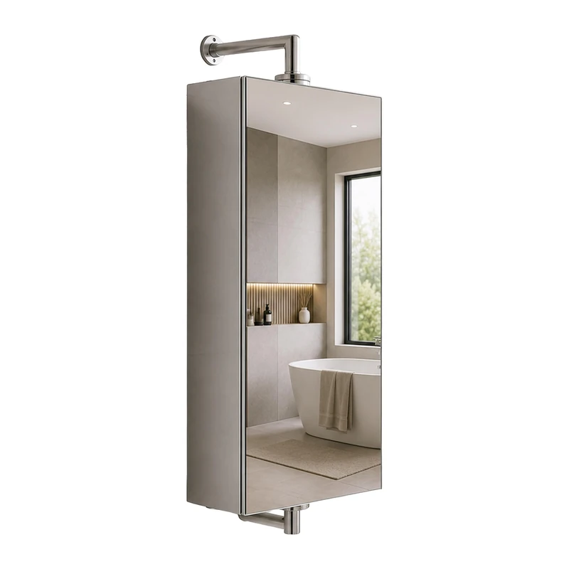 Relaxdays swivel mirror cabinet, 3 open shelves, wall-mounted, HxWxD: 60x25x12 cm, stainless steel, silver