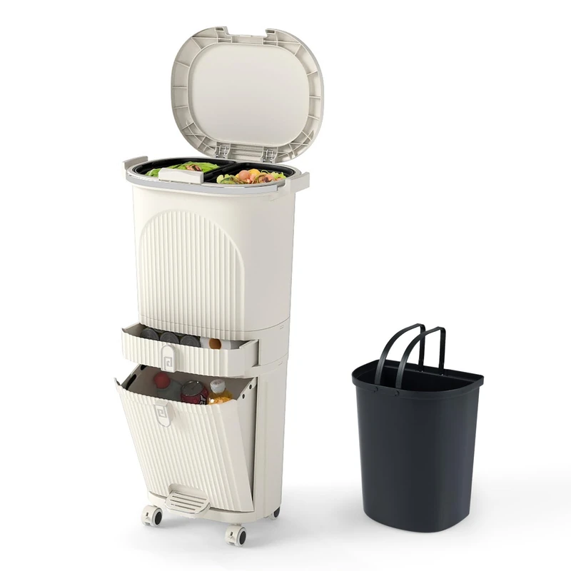 GiantexUK 42L Recycling Bin with Lid, 3-Tier Sorting Trash Bin with 2 Removable Buckets, Drawer, Step Pedal & Wheels, Vertical Garbage Bin Waste Container for Living Room Kitchen Bathroom (Beige)