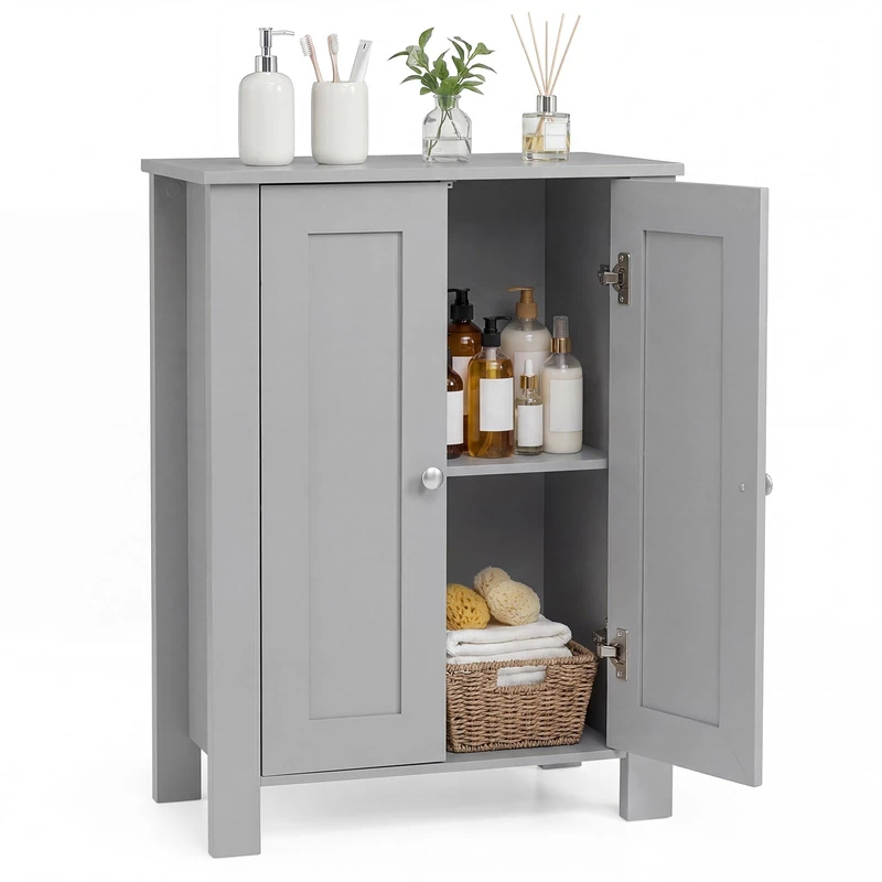 RELAX4LIFE Floor Bathroom Cabinet, 80 x 60cm Freestanding Storage Cupboard with Double Doors & Shelves, Wooden Floor Cabinet Storage Unit Furniture For Bathroom Living Room Hallway (Grey)