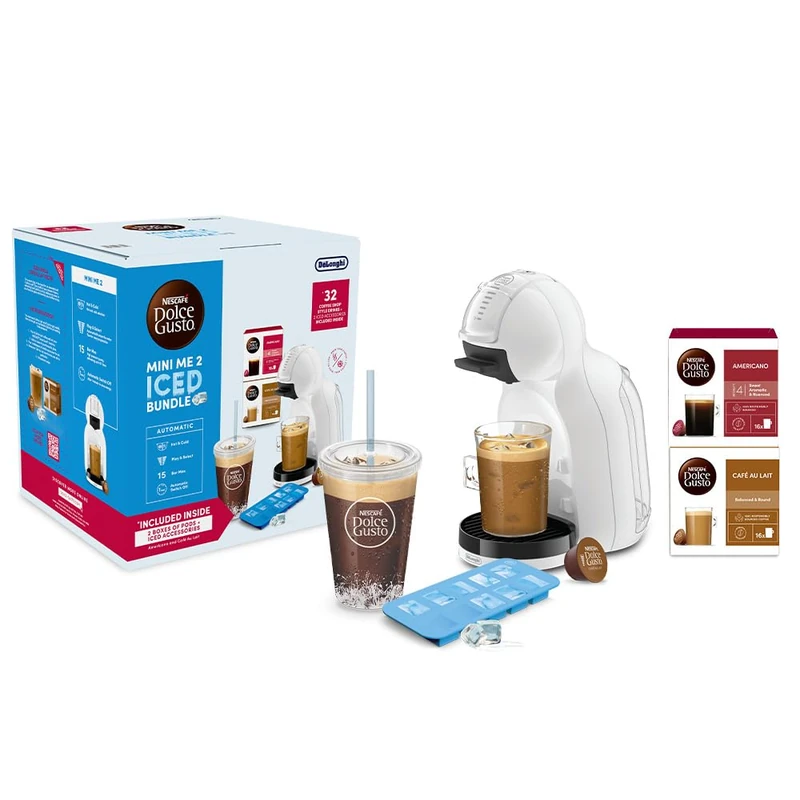 De'Longhi Nescafé Dolce Gusto Mini Me 2 Iced Coffee Bundle - Coffee Capsule Machine with Compact Design, Automatic Shutdown, Hot and Cold Beverages, 15 Bar Pressure, White (EDG335.W)