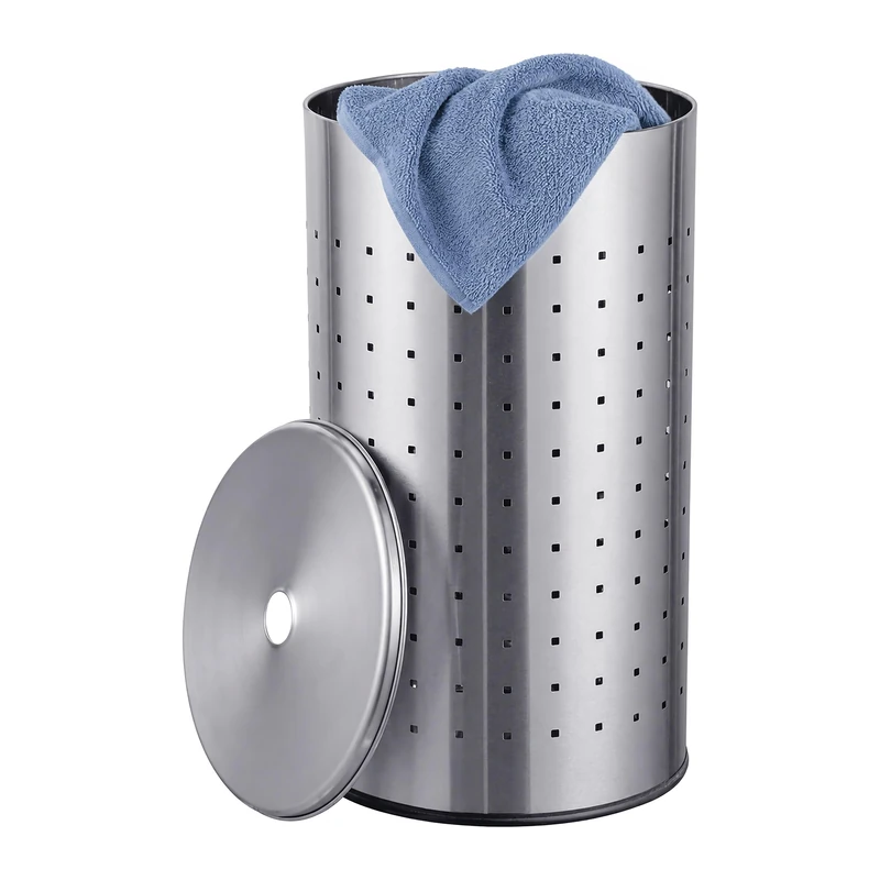Relaxdays, laundry hamper with lid, stainless steel, 42 l, HxD: 55 x 31 cm, perforated, silver - Image 1
