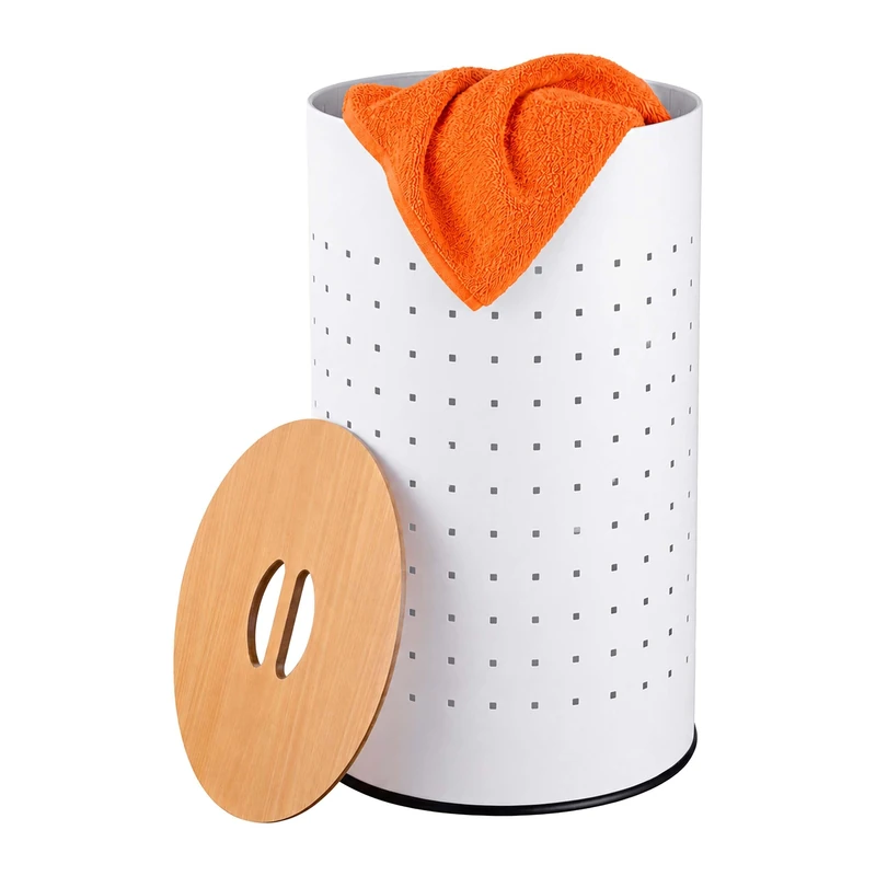 Relaxdays, laundry basket with lid, metal, 50 l, HxD: 57 x 35 cm, ventilated, white/natural